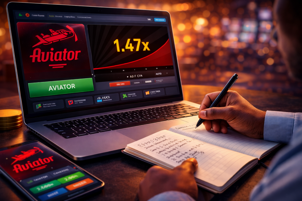 Interface moderne d’un casino en ligne congolais affichant le jeu Aviator parmi les jeux populaires, représentant le jeu Aviator en ligne disponible en République Démocratique du Congo.